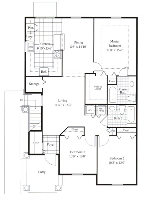 Floor plan for 3 beds, 2 baths, 1389 sqft